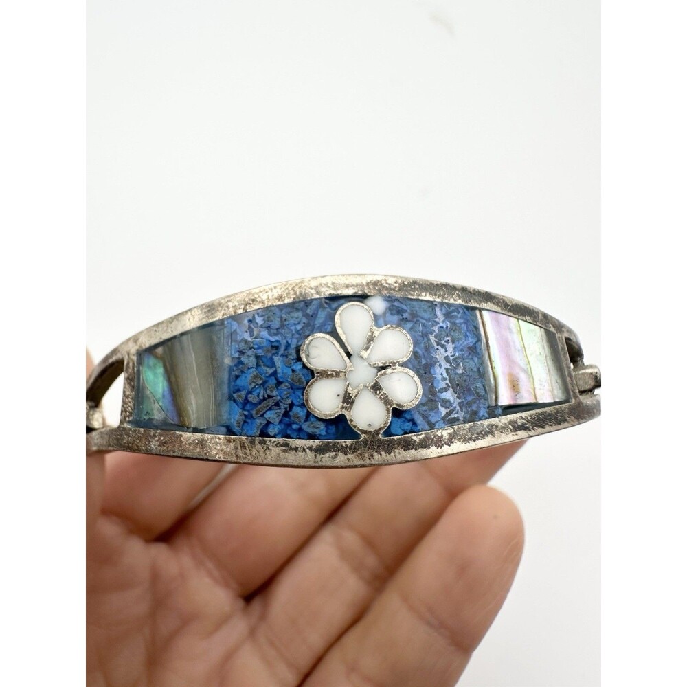 VTG MEXICO Sterling Silver MOP & Abalone Turquoise Hinged Cuff Bracelet 6.5”